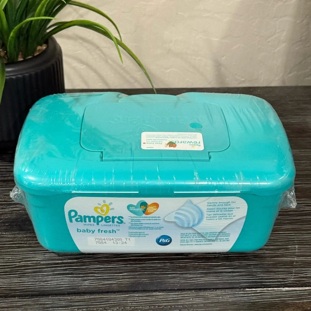 Pampers Baby Fresh Wipes Dispenser Sealed Pop Up Container Blue Green New